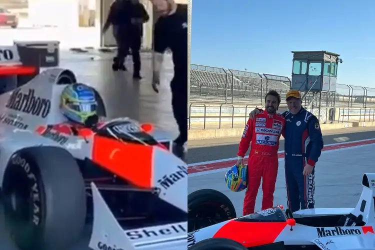 Fernando Alonso se viste de Ayrton Senna y se sube al histórico coche (VIDEO)